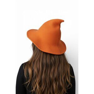 Orange Knit Pointy Witch Hat Soft Textured Wide Brim Accessory